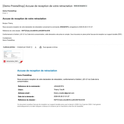 Accusé de réception PDF envoyé au client après une rétractation en ligne