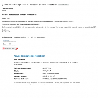 Accusé de réception PDF envoyé au client après une rétractation en ligne