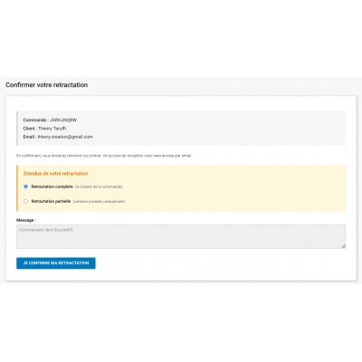 Formulaire de rétractation en ligne en deux étapes pour boutique PrestaShop